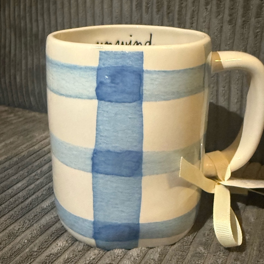 Rae Dunn Farmhouse Style Mug- Blue and White Gingham Pattern - UNWIND